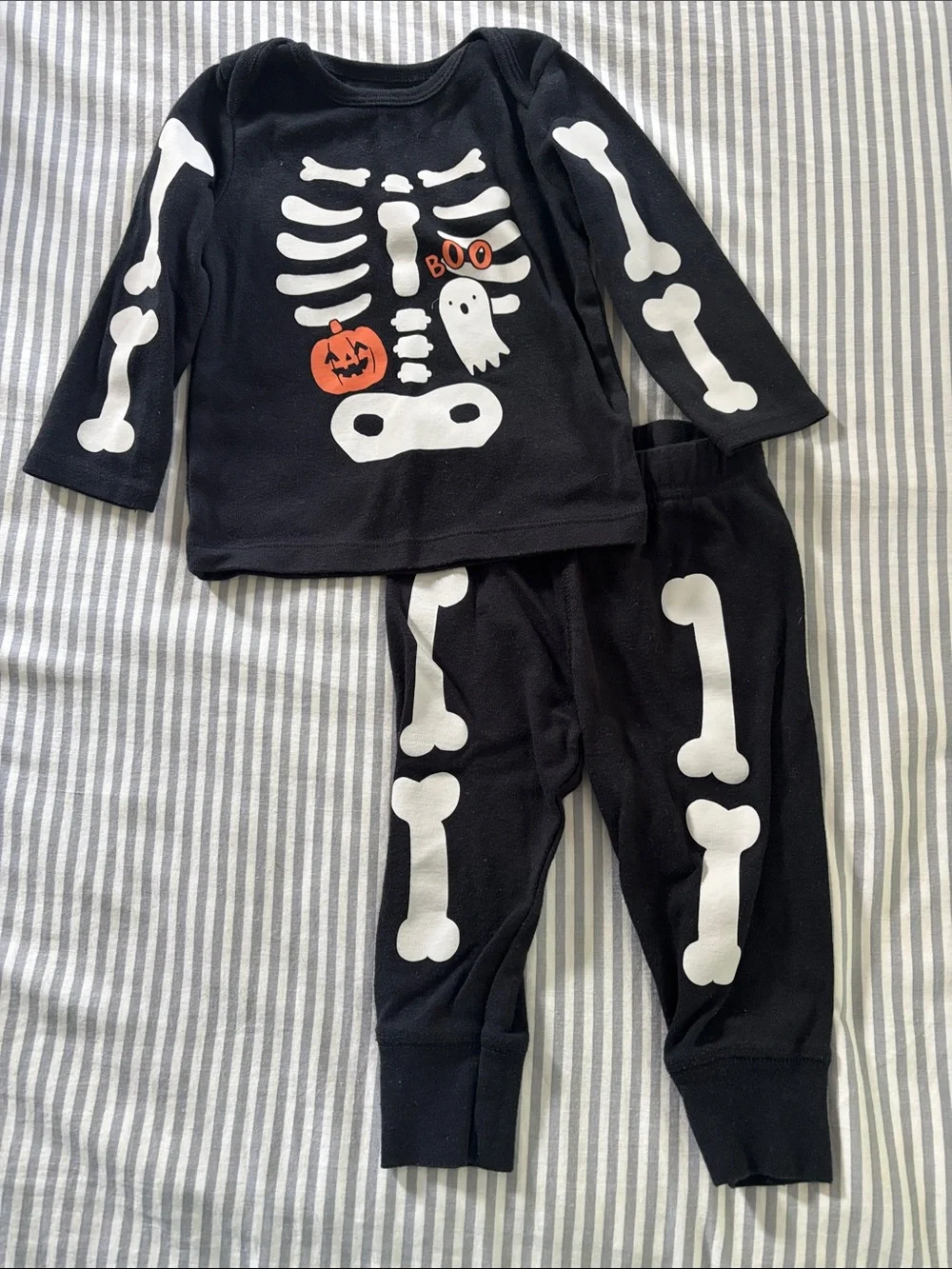 Carter's Black Skeleton Halloween Pajama Set with White Bones and Orange Accents